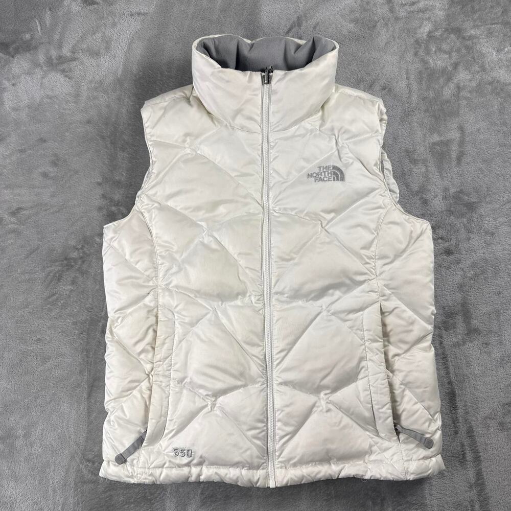 The North Face 550 Down Puffer Vest Women Small Cream Gray Full Zip